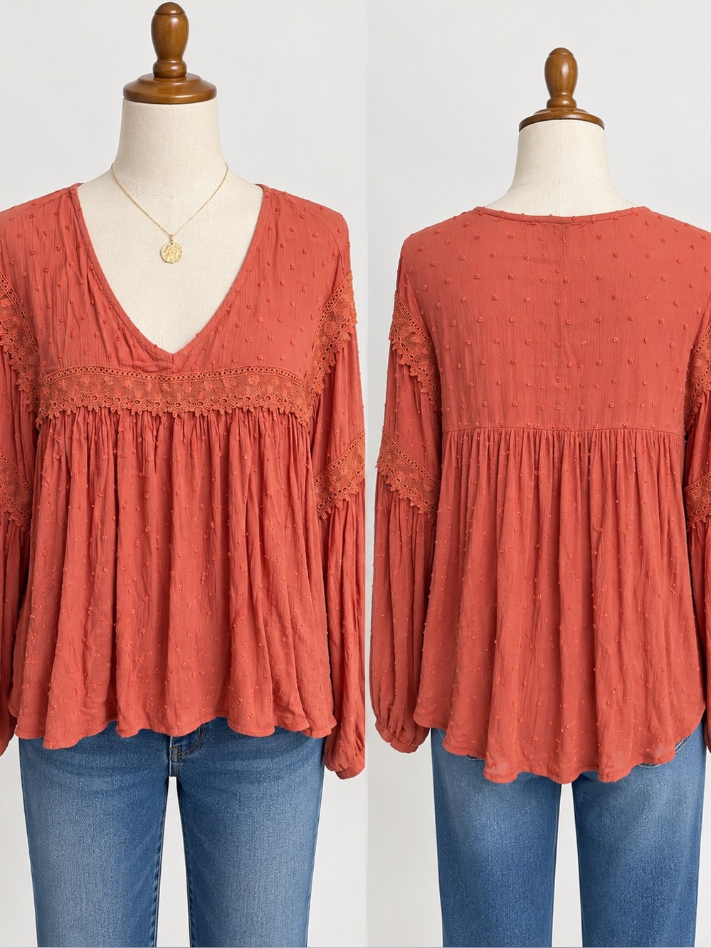 Vine & Love Rust Terracotta Boho Peasant Blouse Lace Trim Swiss Dot Large